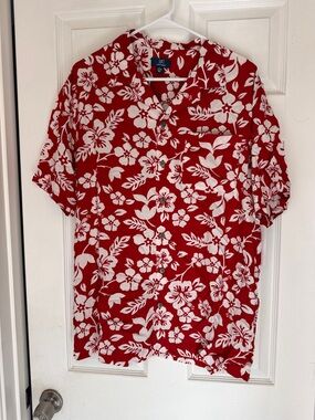 George Red and White Floral Short-Sleeve Camp Shirt